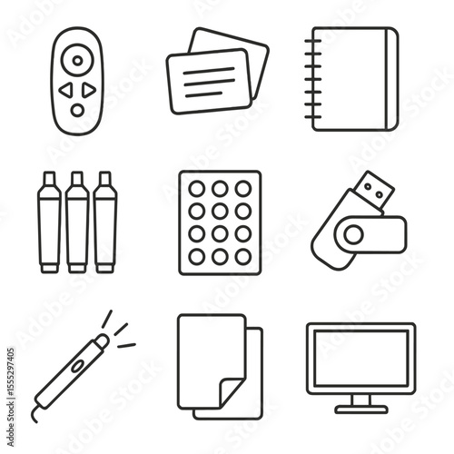 Presentation Kit Icons. Line style icons of Presentation Preparation Kit: slide clicker, cue cards, binder notebook, highlighter