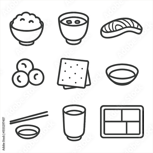 Japanese Lunch Icons. Line style icons of Japanese Lunch Set: rice bowl, miso soup cup, grilled salmon fillet, pickled radish,