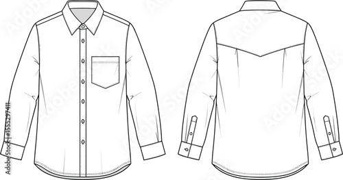 Men’s button-down shirt flat sketch with long sleeves, chest pocket, back yoke seam, fashion CAD drawing vector template