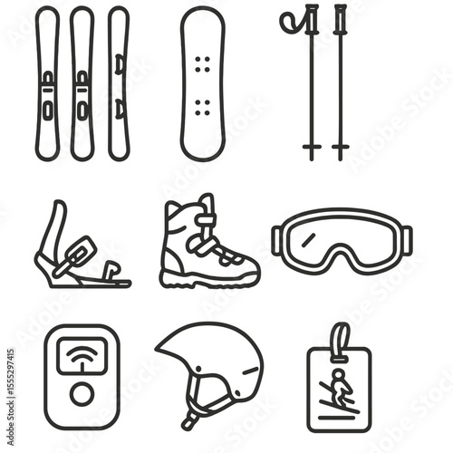 Snow Sports Icons. Line style icons of Snow Sports Gear: downhill skis, snowboard deck, ski poles, adjustable bindings, snowboard