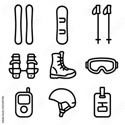 Snow Sports Icons. Line style icons of Snow Sports Gear: downhill skis, snowboard deck, ski poles, adjustable bindings, snowboard