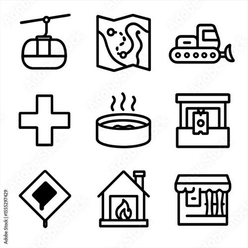 Ski Resort Icons. Line style icons of Ski Resort Amenities: chairlift gondola, trail map, snow groomer, ski patrol cross, hot tub