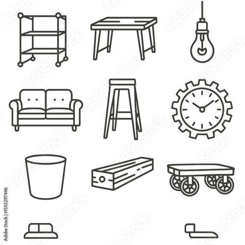Urban Loft Icons. Line style icons of Urban Loft Industrial Pieces: metal pipe shelving, reclaimed wood table, Edison bulb pendant