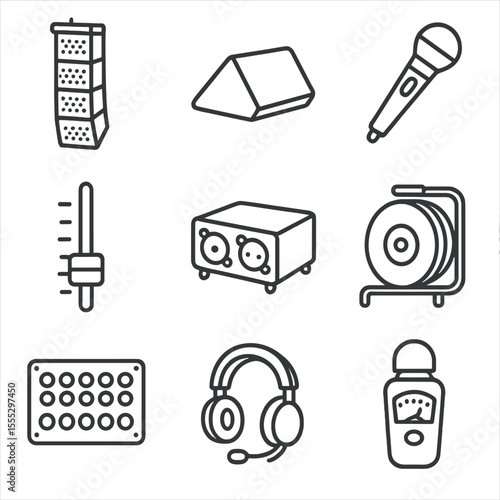 Concert Sound Equipment Icons. Line style icons of Live Concert Sound: line-array speaker, stage monitor wedge, wireless handheld