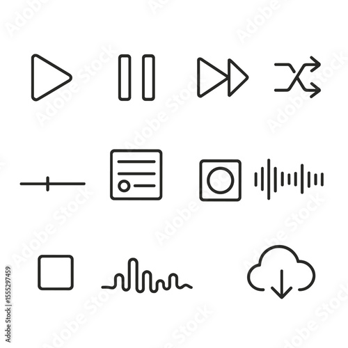 Music Interface Icons. Line style icons of Music Streaming Interface: play button, pause icon, skip track arrow, shuffle loop,