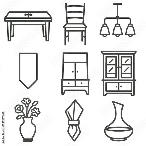 Dining Room Icons. Line style icons of Dining Room Elegance: extendable dining table, ladder-back chair, pendant chandelier,