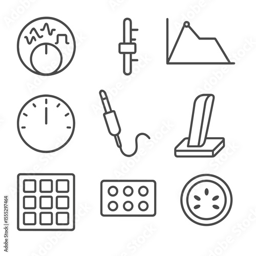 Synthesizer Icon Set. Line style icons of Synthesizer Sound Design: oscillator wave knob, filter cutoff slider, envelope ADSR