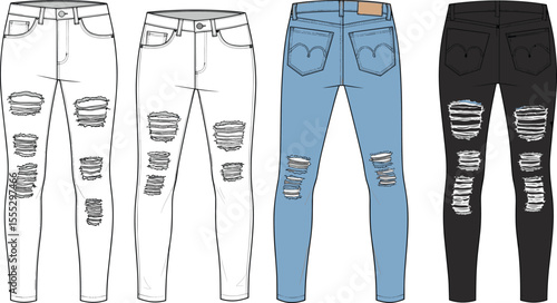 Ripped skinny jeans cad drawing flat vector with front and back view, multiple color styles, denim fashion sketch illustration