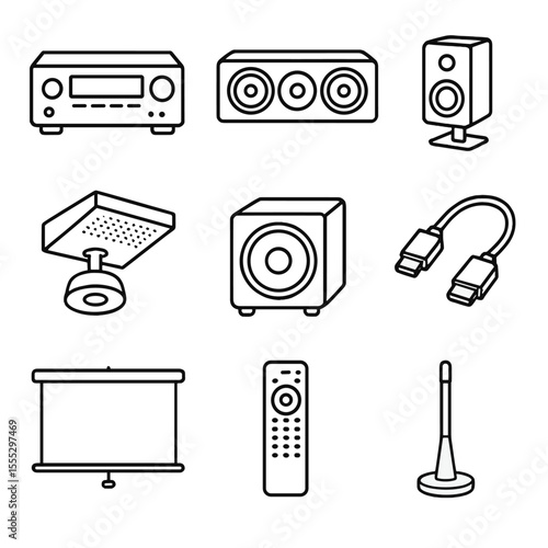 Home Theater Icons. Line style icons of Home Theater Setup: AVR receiver, center channel speaker, surround satellite, Dolby Atmos
