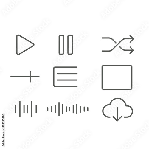 Music Interface Icons. Line style icons of Music Streaming Interface: play button, pause icon, skip track arrow, shuffle loop,