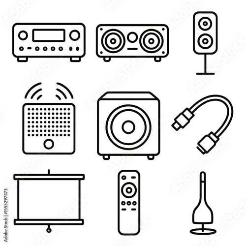 Home Theater Icons. Line style icons of Home Theater Setup: AVR receiver, center channel speaker, surround satellite, Dolby Atmos