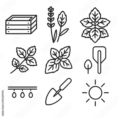 Aromatic Herb Icons. Line style icons of Aromatic Herb Garden: raised garden bed, lavender stalk, basil leaf, lemon balm sprig,