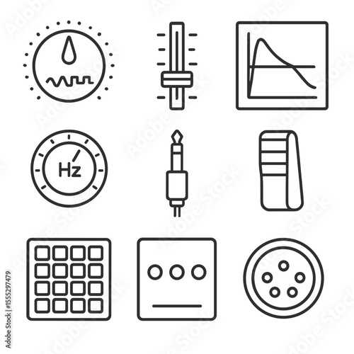 Synthesizer Icon Set. Line style icons of Synthesizer Sound Design: oscillator wave knob, filter cutoff slider, envelope ADSR