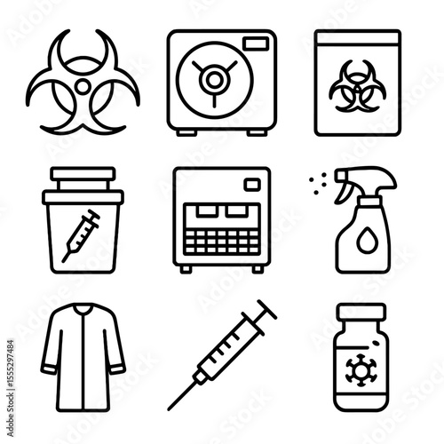 Biological Safety Icons. Line style icons of Biological Hazard Control: biohazard symbol, autoclave unit, specimen bag, sharps bin