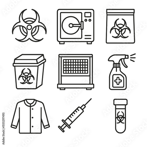 Biological Safety Icons. Line style icons of Biological Hazard Control: biohazard symbol, autoclave unit, specimen bag, sharps bin