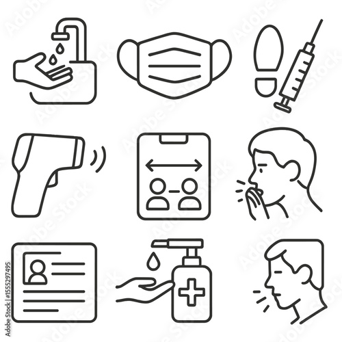 Public Health Safety Icons. Line style icons of Public Health Safety: hand washing station, face mask icon, social distance floor