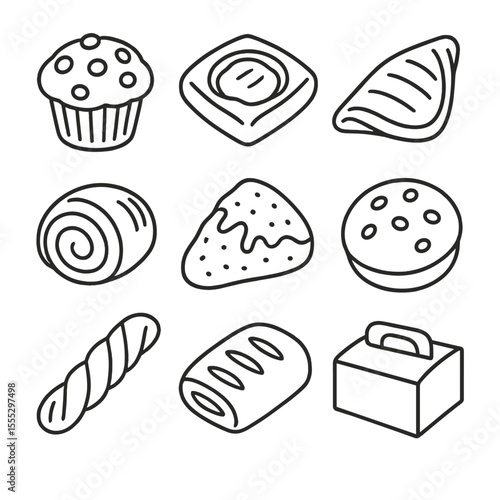 Breakfast Pastries Icons. Line style icons of Breakfast Pastries: blueberry muffin, cheese Danish, apple turnover, poppy seed roll