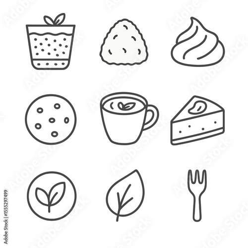 Vegan Bakery Icons. Line style icons of Vegan Bakery Delights: chia pudding cup, coconut macaroon, flaxseed brownie, aquafaba
