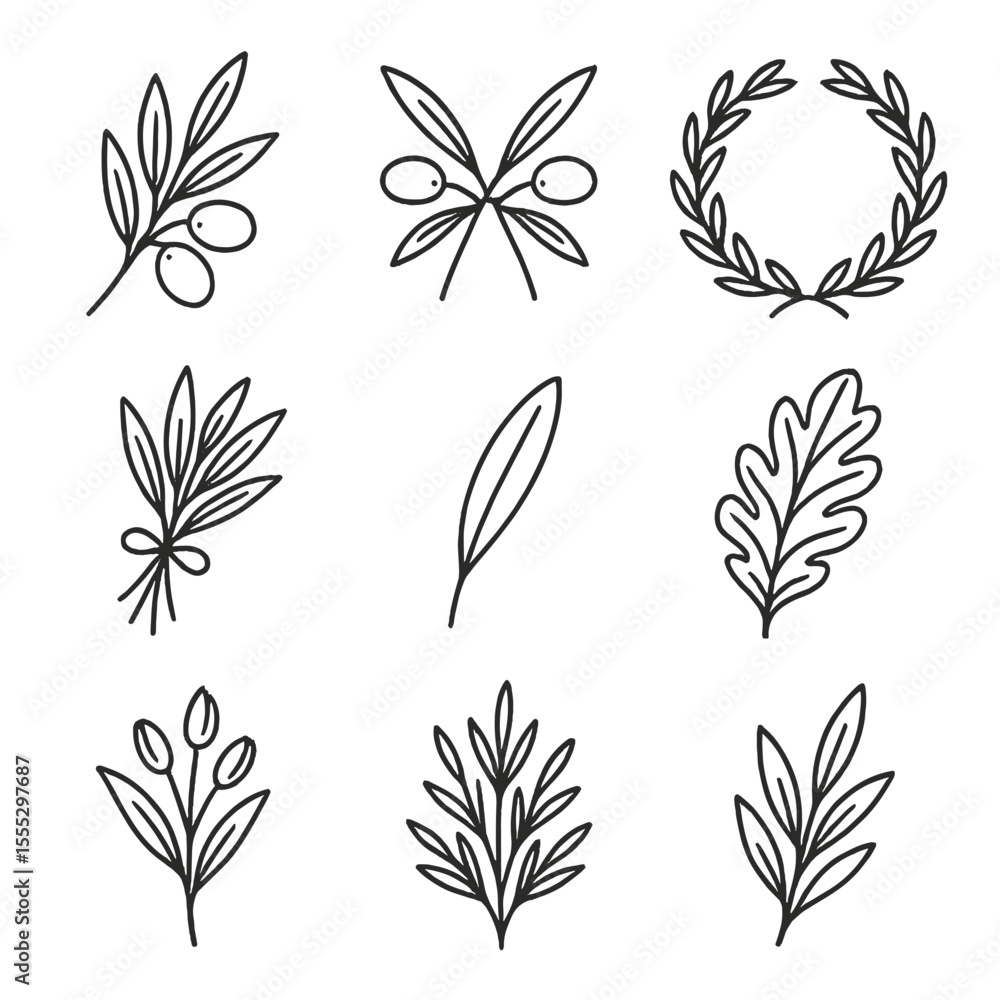 Olive Branch Icons. Line style icons of Olive Branch Motifs: single branch, crossed branches, wreath, sprig bundle, laurel leaf, Olive Branch Icons. Line style icons of Olive Branch Motifs: single branch, crossed branches, wreath, sprig bundle, laurel leaf,