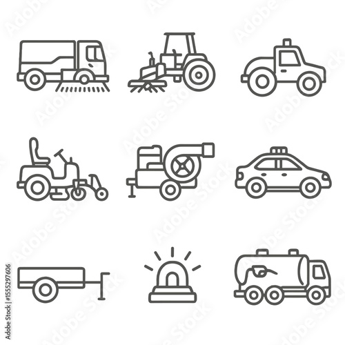 Airfield Maintenance Icons. Line style icons of Airfield Maintenance Vehicles: runway sweeper, grass cutter, pavement roller, line