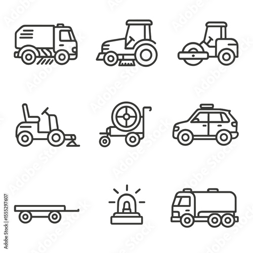Airfield Maintenance Icons. Line style icons of Airfield Maintenance Vehicles: runway sweeper, grass cutter, pavement roller, line