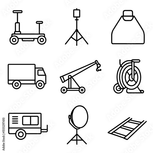 Film Production Icons. Line style icons of Film Production Ground Support Gear: camera dolly, lighting stand, sandbag weight, grip