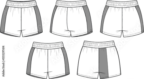 Vector technical flat sketch of athletic running shorts with color block panels, cad fashion template, front and back view