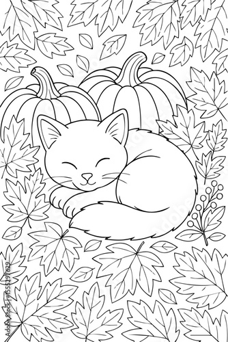 Cute coloring page of a sleeping cat surrounded by pumpkins and autumn leaves