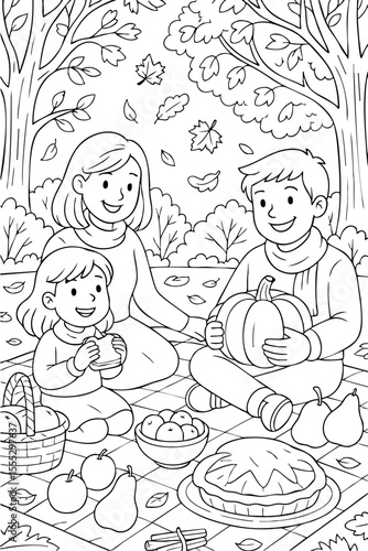 Coloring page of autumn picnic with pie, pumpkin, apples and fall trees