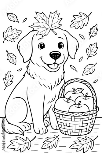 Cute dog with autumn leaves and basket of apples, fun seasonal coloring page