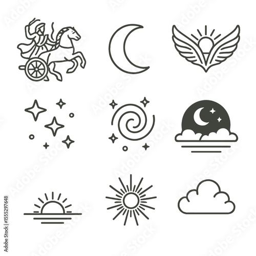 Celestial Line Icons. Line style icons of Celestial Bodies: Helios sun chariot, Selene moon crescent, Eos dawn wings, stars