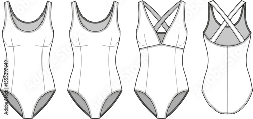 Women’s fashion bodysuit technical flat drawing, front and back view, swimsuit style, vector apparel sketch, detailed cad template
