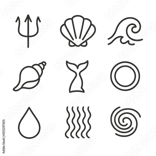 Sea Deities Icons. Line style icons of Sea Deities: Poseidon trident, Amphitrite shell, Nereid wave, Triton conch, Proteus fish