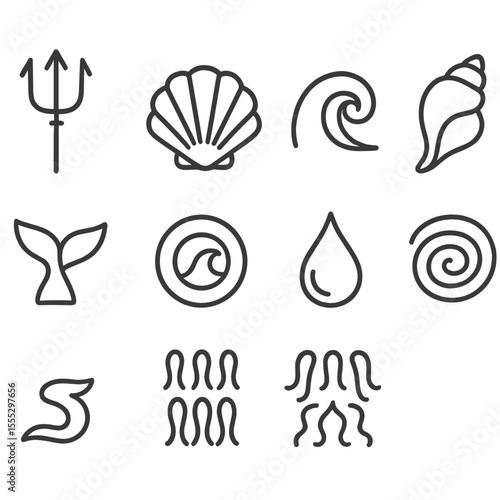 Sea Deities Icons. Line style icons of Sea Deities: Poseidon trident, Amphitrite shell, Nereid wave, Triton conch, Proteus fish