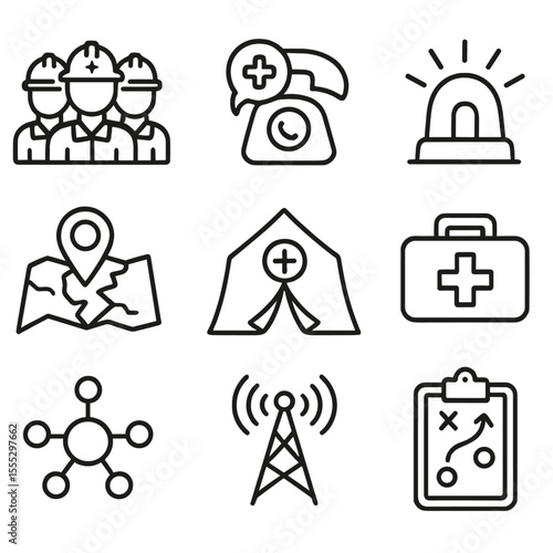 Crisis Icons Set. Line style icons of Crisis Management Operations: emergency response team, crisis hotline phone, alert siren