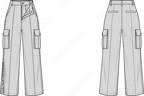 Women’s cargo pants technical fashion flat sketch with pocket detail, front and back view, vector outline, cad drawing template