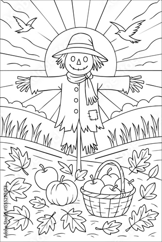 Coloring page with scarecrow, apples, leaves, and sunrays in autumn landscape