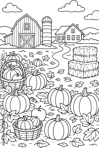 Pumpkin farm coloring page with baskets, barn, hay bales and autumn leaves for kids' activities
