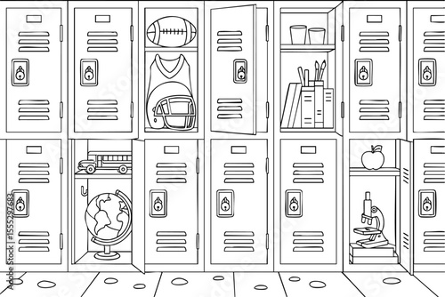 Coloring page of open school lockers with books, sports gear and supplies
