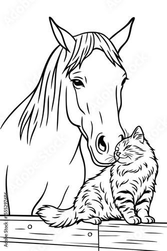 Coloring page with friendly horse and fluffy cat resting together on a fence