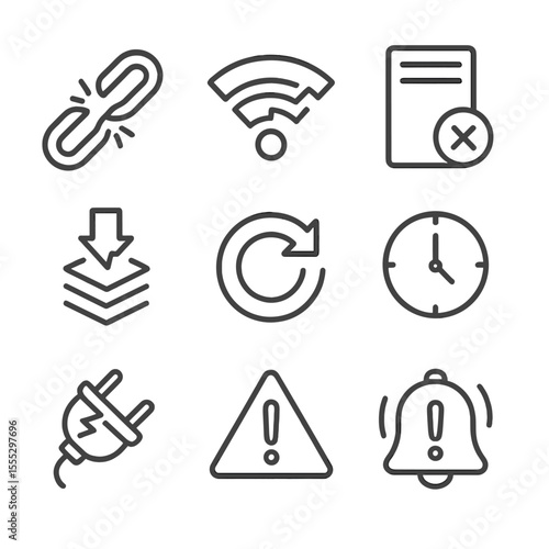 Network Error Icons. Line style icons of Network Error Indicators: broken link chain, Wi-Fi glitch, server offline icon, packet