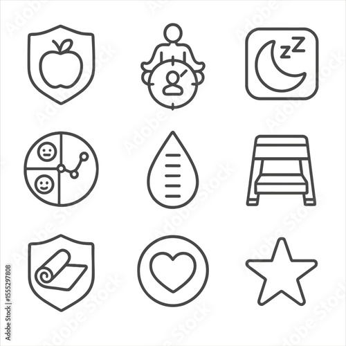 Health Icons Collection. Line style icons of Health & Wellness Gamification: apple badge, meditation timer, sleep tracker icon,