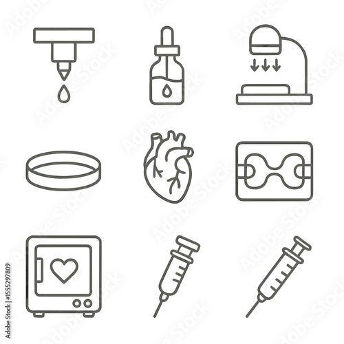 Bioprinting Icons. Line style icons of 3D Bioprinting Organs: bioprinter nozzle, cell‐laden bioink, scaffold grid, UV crosslink
