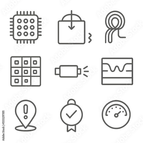 Quantum Sensor Icons. Line style icons of Quantum Health Sensors: quantum dot chip, photon detector, MR coil, sensor array,