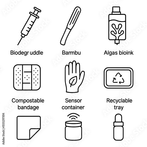 Eco-Friendly Medical Icons. Line style icons of Eco-Friendly Medical Supplies: biodegradable syringe, bamboo scalpel handle, algae