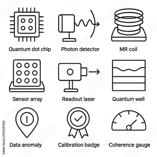 Quantum Sensor Icons. Line style icons of Quantum Health Sensors: quantum dot chip, photon detector, MR coil, sensor array,