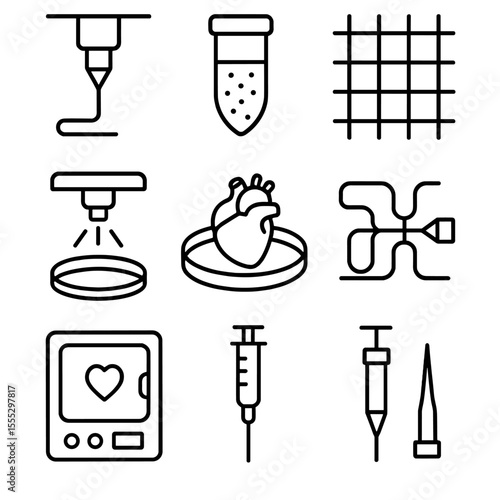 Bioprinting Icons. Line style icons of 3D Bioprinting Organs: bioprinter nozzle, cell‐laden bioink, scaffold grid, UV crosslink