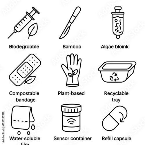 Eco-Friendly Medical Icons. Line style icons of Eco-Friendly Medical Supplies: biodegradable syringe, bamboo scalpel handle, algae