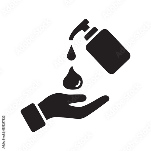 Hand washing hygiene icon with sanitizer being dispensed for antibacterial cleaning and personal health sanitation to prevent germs vector solid glyph icon