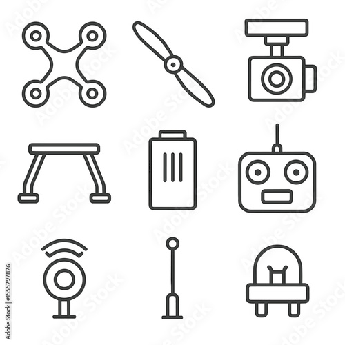 Drone Robot Icons. Line style icons of Drone Robot Variants: quadcopter frame, propeller blade, camera gimbal, landing gear,